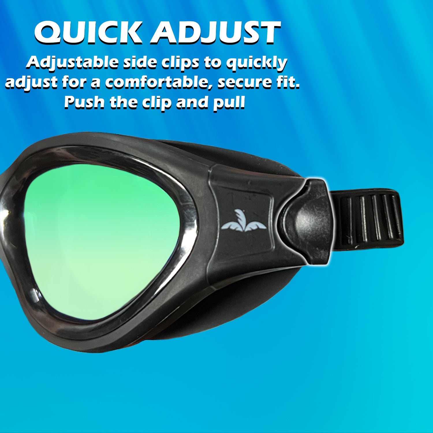 Pair of black swimming goggles with green mirrored lenses