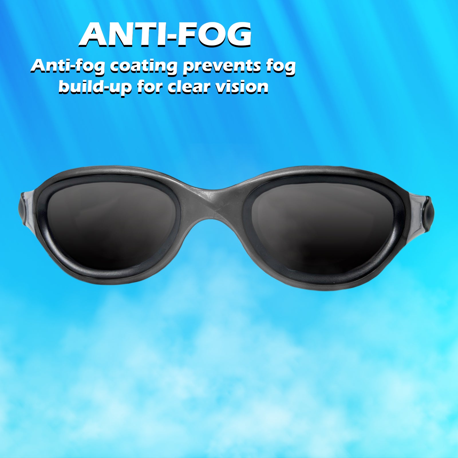 Pair of black swimming goggles with polarized smoke lenses