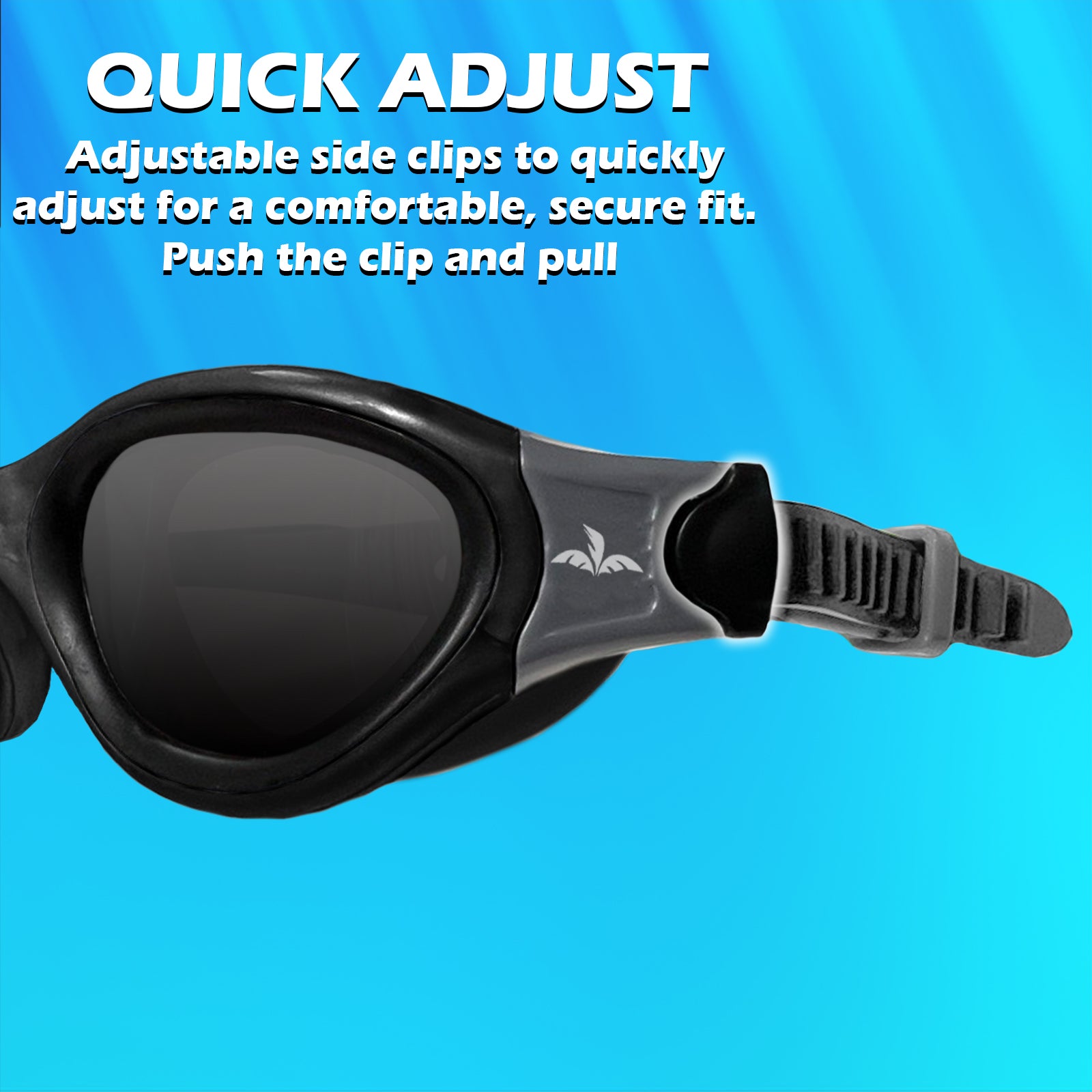 Pair of black swimming goggles with polarized smoke lenses