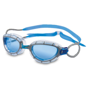 Swimming goggles with blue lenses and a blue strap