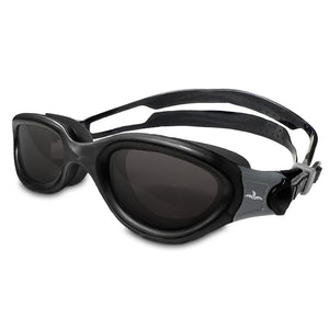 Pair of black swimming goggles with polarized smoke lenses