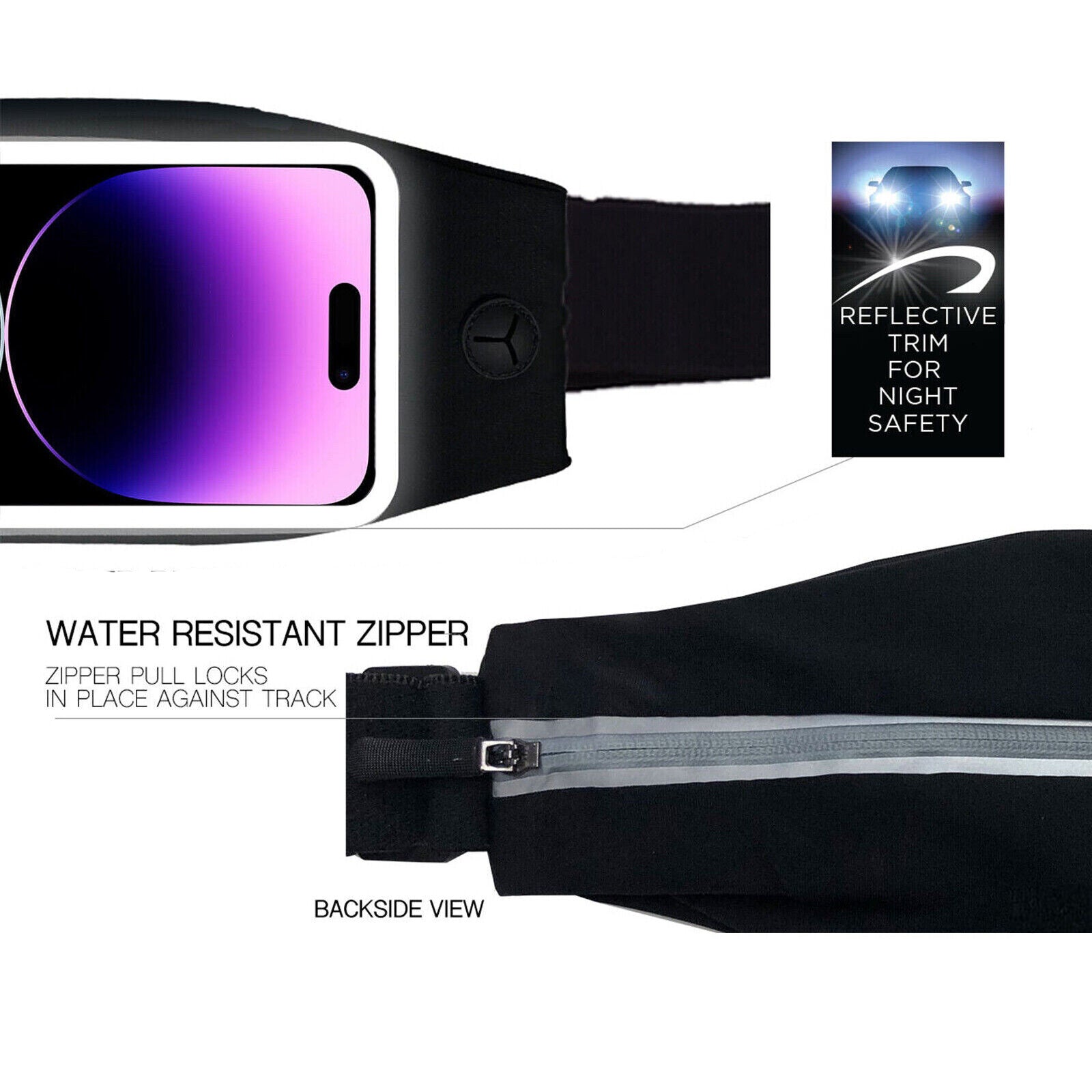 Black waist pack holding an iphone with a red banner in the corner that says "Phone protection"