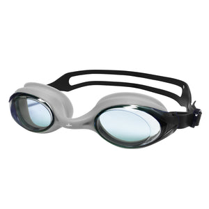 Pair of green swimming goggles with a blue strap