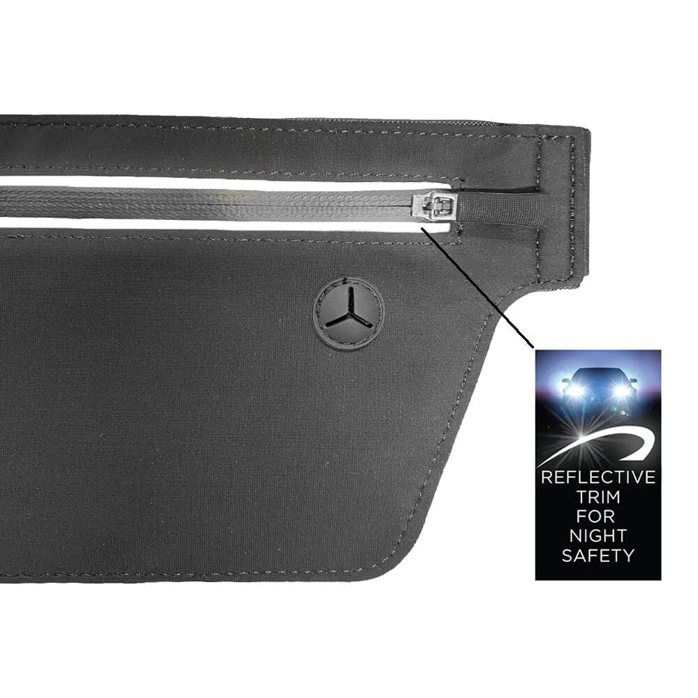 Black slim waist pack with a zippered pocket at the top