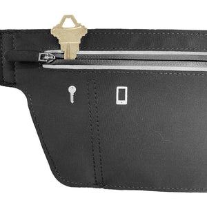 Black slim waist pack with a zippered pocket at the top