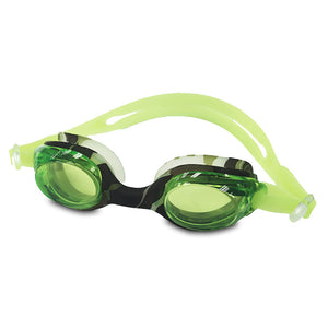 Swimming goggles with a camo frame and a green strap
