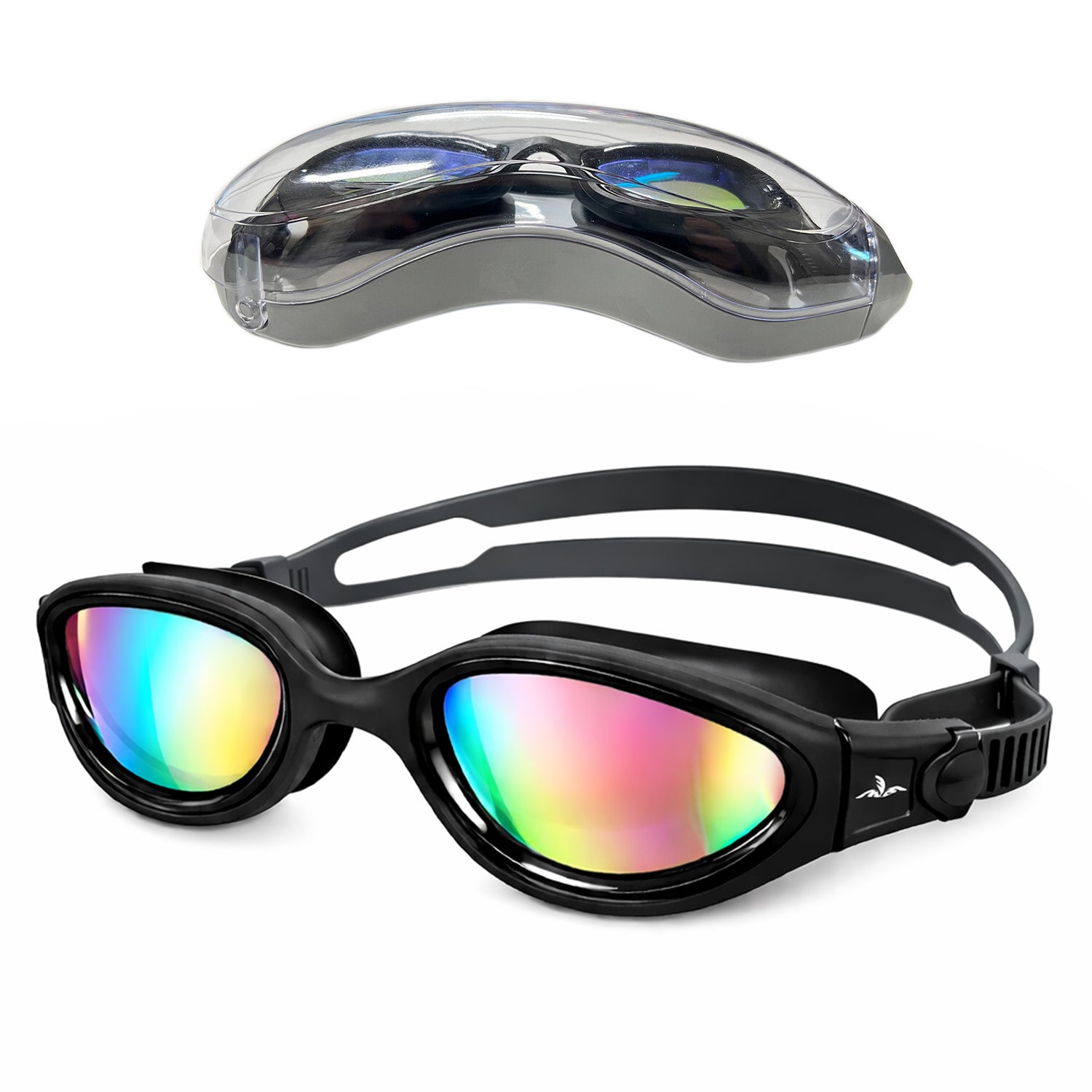 Swimming goggles with black frame and colorful lenses on a white background