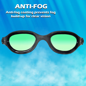 Pair of black swimming goggles with green mirrored lenses