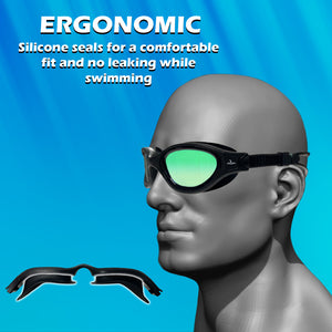 Pair of black swimming goggles with green mirrored lenses