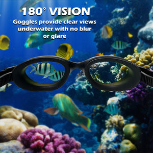 Pair of black swimming goggles with green mirrored lenses