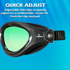 Pair of black swimming goggles with green mirrored lenses