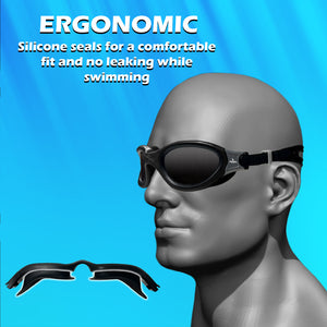 Pair of black swimming goggles with polarized smoke lenses