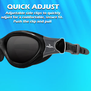 Pair of black swimming goggles with polarized smoke lenses