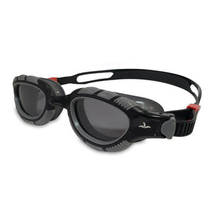 Black and grey swimming goggles with smokey gray lenses