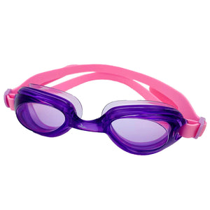 Swimming goggles with a blue lens frame and a green strap