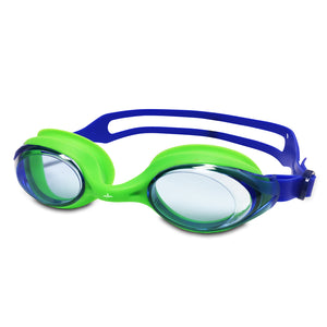 Pair of green swimming goggles with a blue strap