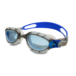 White swimming goggles with a blue strap and lenses