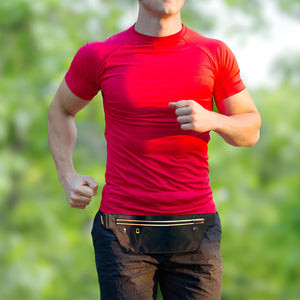 Black slim waist pack with a zippered pocket at the top
