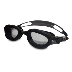 White swimming goggles with a blue strap and lenses