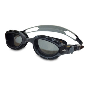 White swimming goggles with a blue strap and lenses