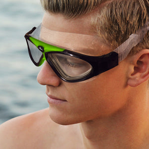 Black swimming goggles with a large frame