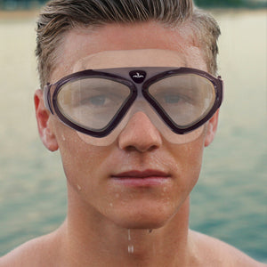 Black swimming goggles with a large frame