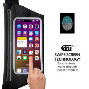 Black waist pack with an iphone inside