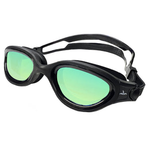 Pair of black swimming goggles with green mirrored lenses