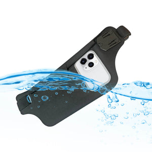 Black waterproof waist pack with an iphone inside