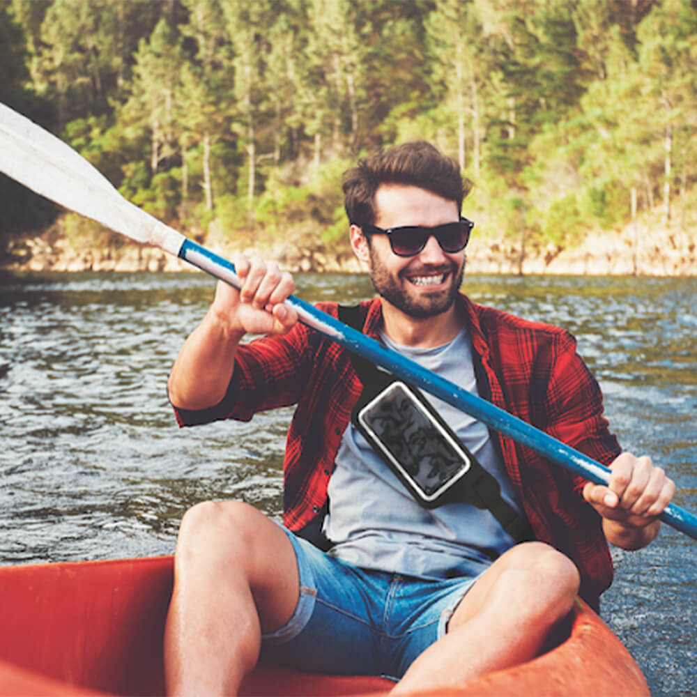 Black waterproof waist pack with an iphone inside