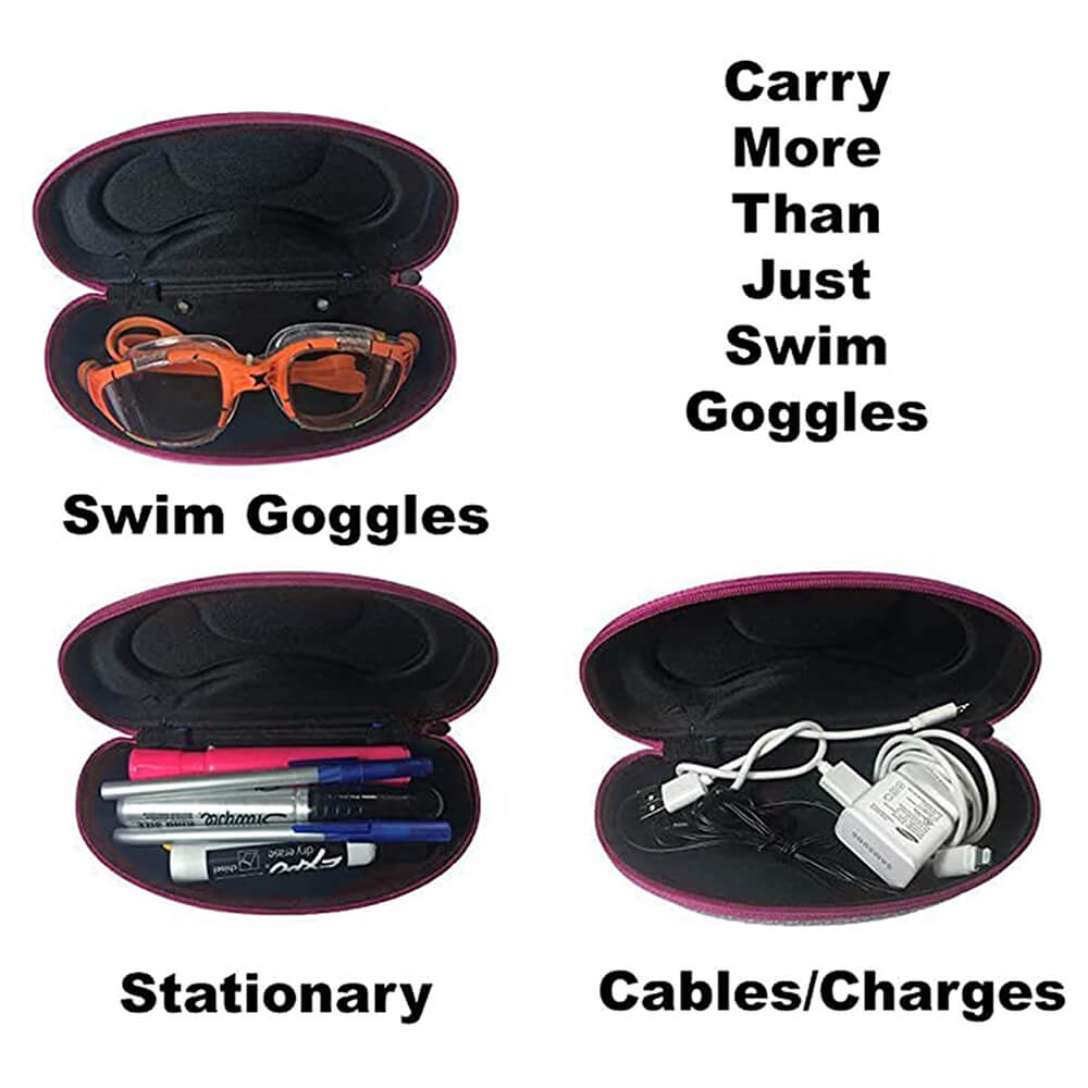 Silver swimming goggles case with a black zippered path