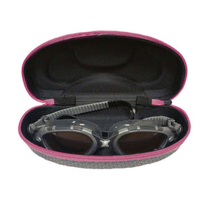 Silver swimming goggles case with a black zippered path