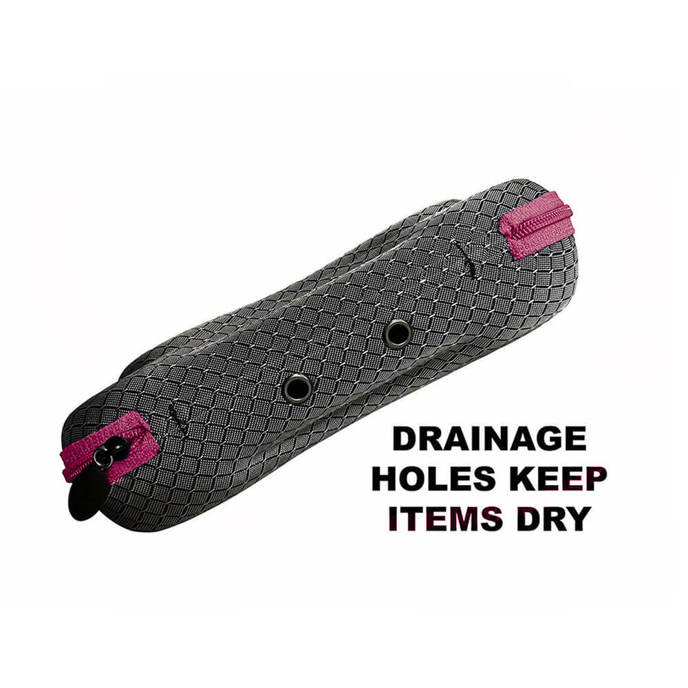 Silver swimming goggles case with a black zippered path