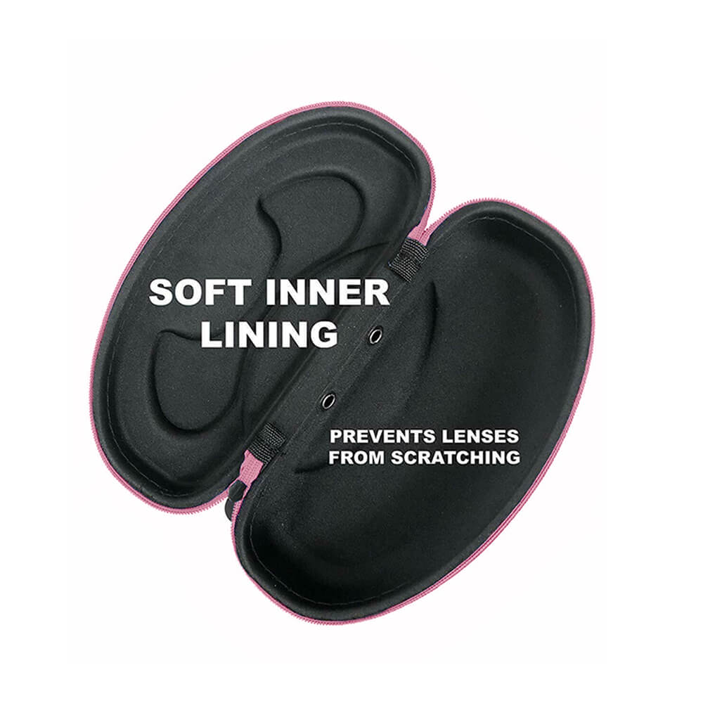 Silver swimming goggles case with a black zippered path