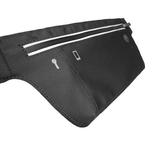 Black slim waist pack with a zippered pocket at the top