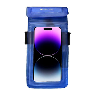 Blue waterproof phone pouch with an iphone inside