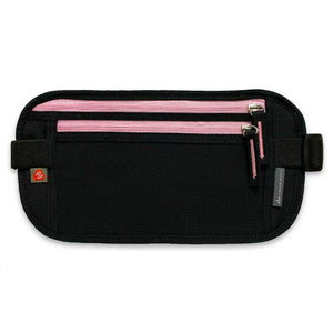Black money belt waist pack with two pink zippered pocket trails