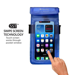 Blue waterproof phone pouch with an iphone inside