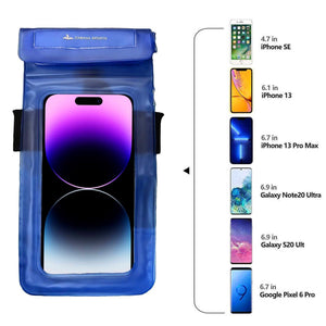 Blue waterproof phone pouch with an iphone inside