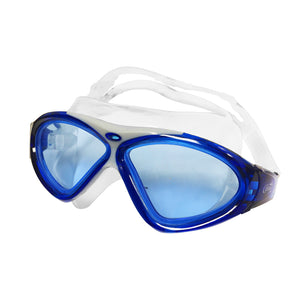 Black swimming goggles with a large frame