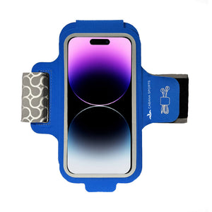 Blue armband phone case holding an iphone