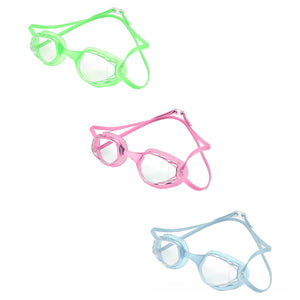 Three swimming goggles (one green, one pink, and one light blue)