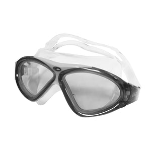 Black swimming goggles with a large frame