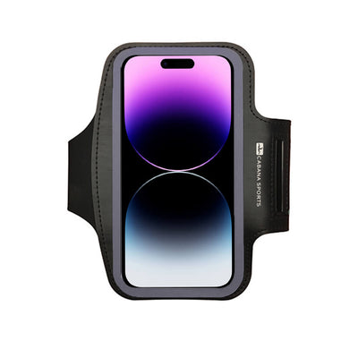 Black armband phone case holding an iphone